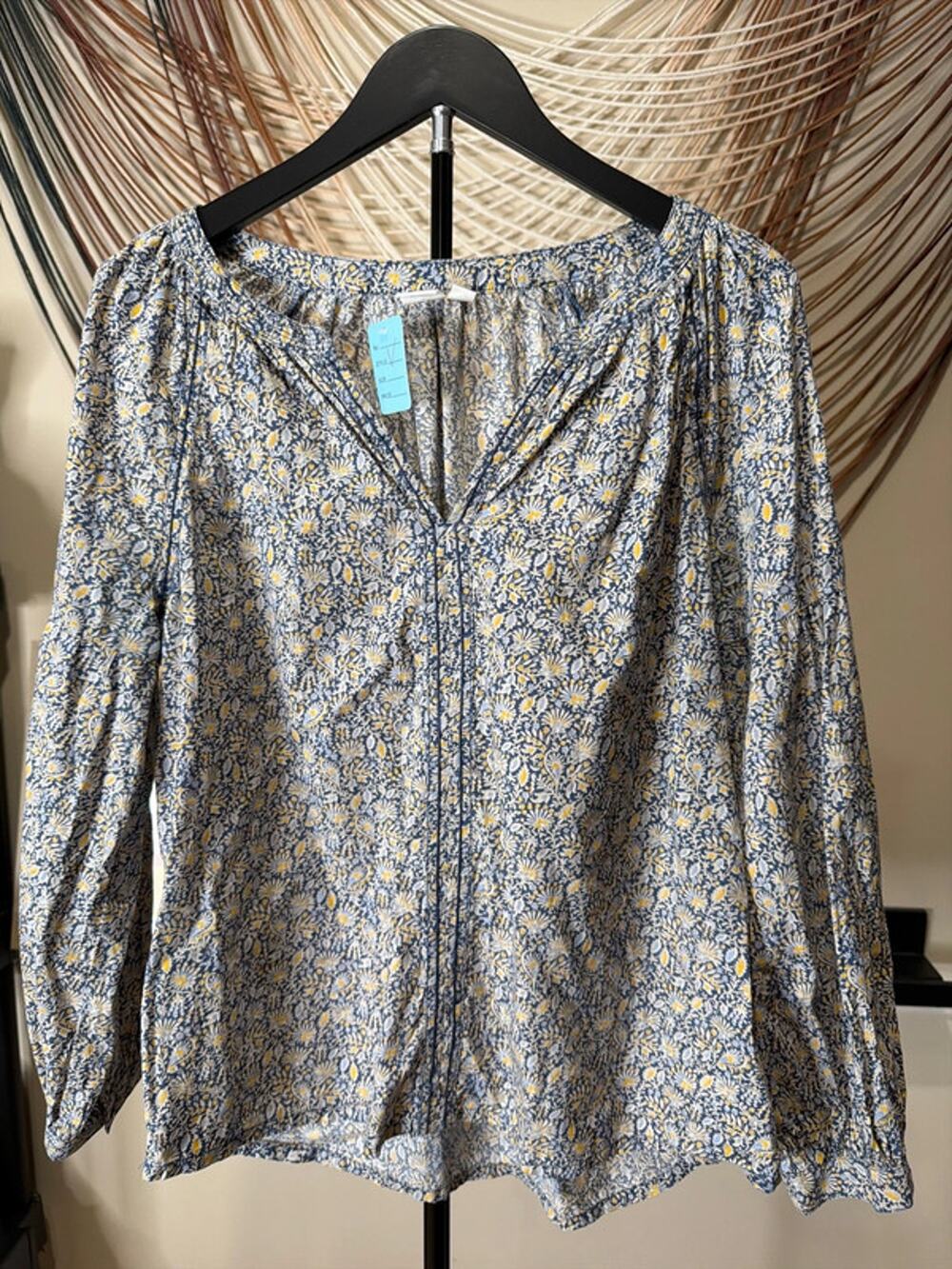 Gap blue and yellow peasant top V-neck 100% cotton S 2823